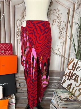 YIGAL AZROUEL- Red & Pink Abstract Print Asymmetric Skirt